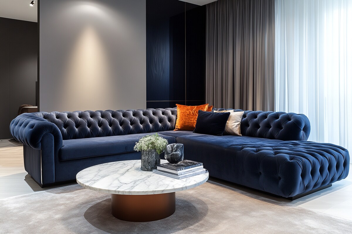 Modern Living Room Design with Chesterfield L-shaped Sofa and Marble Table Modern Living Room Design with Chesterfield L-shaped Sofa and Marble Table